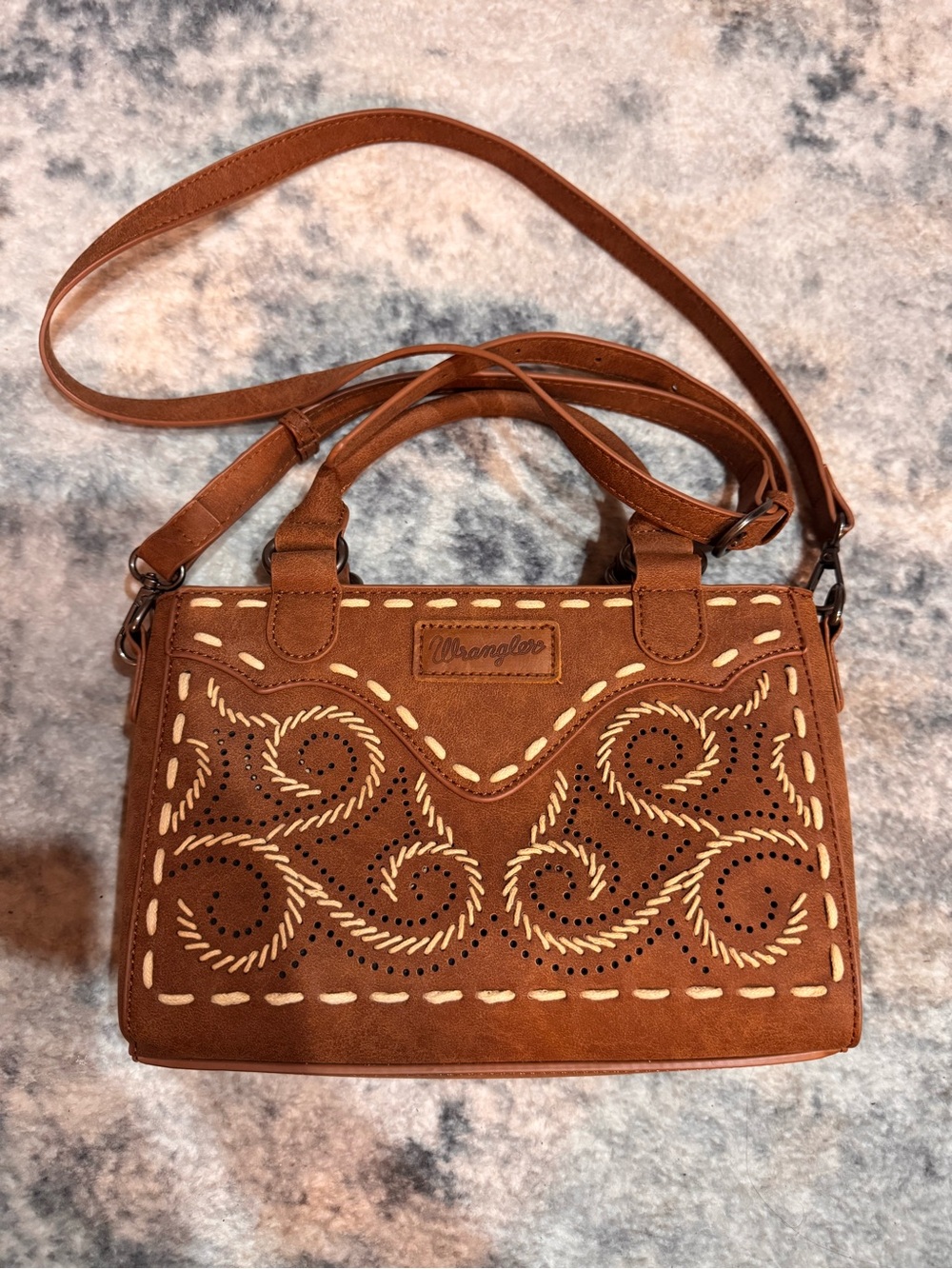 Wrangler Tan Suede Crossbody Bag with Embroidered Swirl Detail